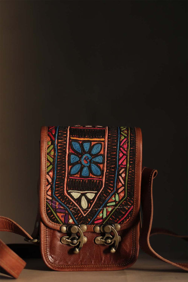 Kutchi Leather Bag | Mirrorwork Sling | Rectangle