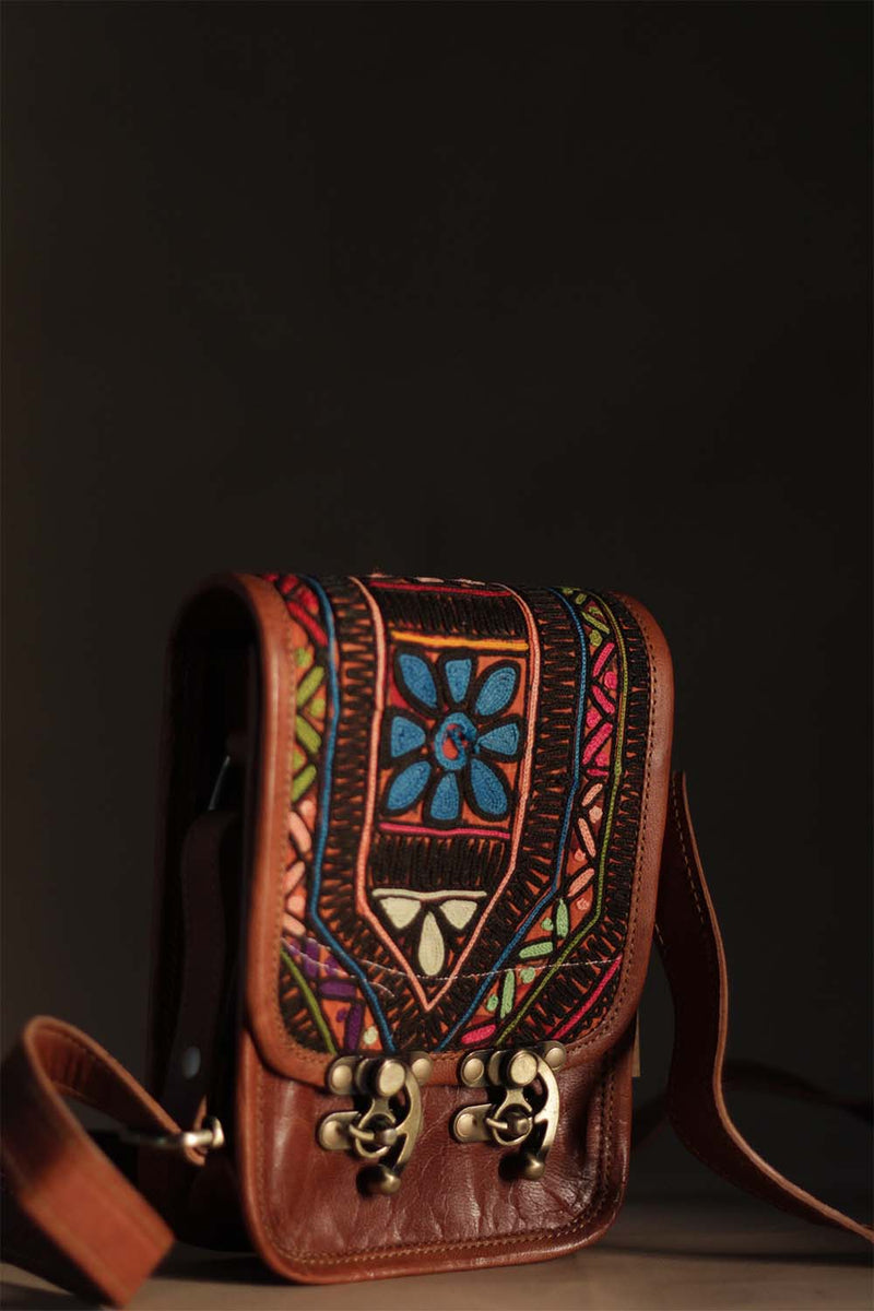 Kutchi Leather Bag | Mirrorwork Sling | Rectangle