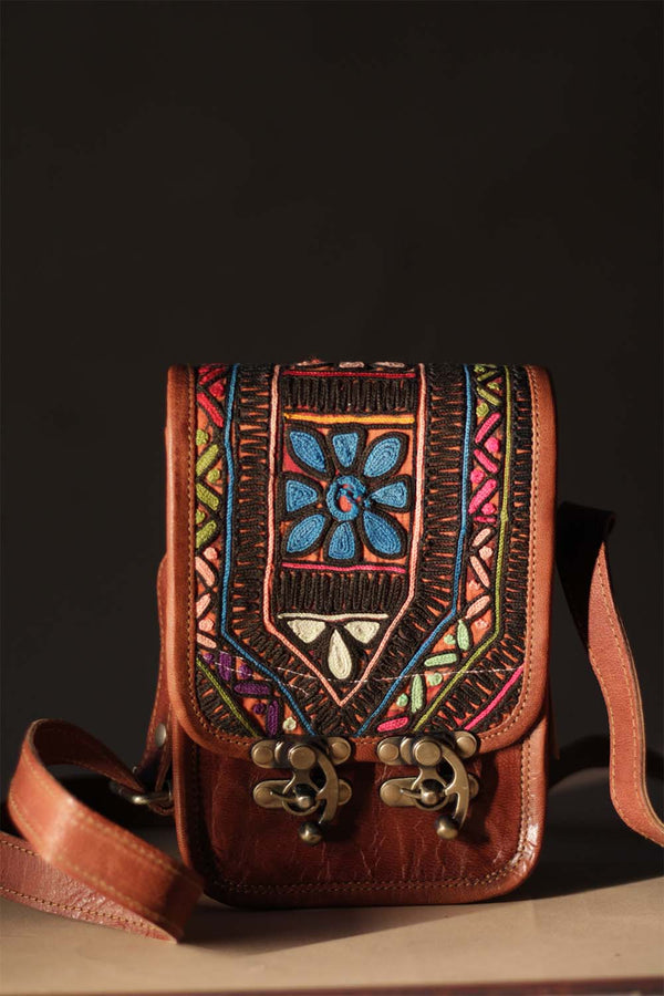 Kutchi Leather Bag | Mirrorwork Sling | Rectangle