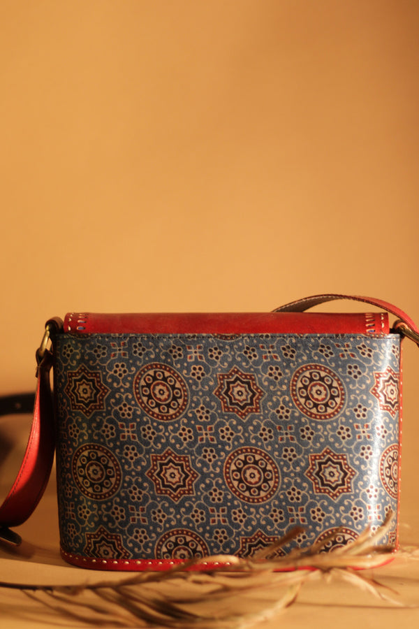 Kutchi Leather Bag | Sling Bag | Blue Ajrakh Silk with Mirrorwork Embroidery