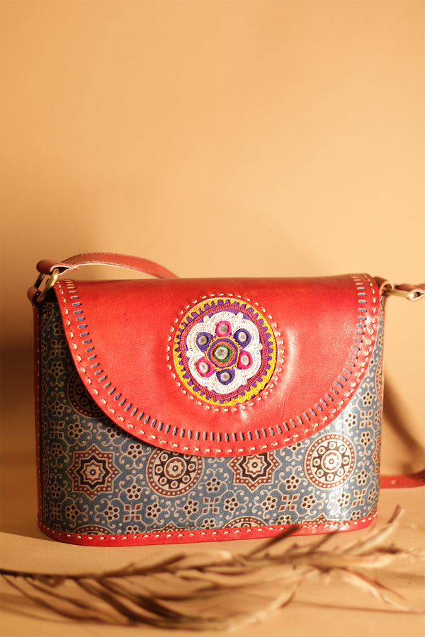 Kutchi Leather Bag | Sling Bag | Blue Ajrakh Silk with Mirrorwork Embroidery