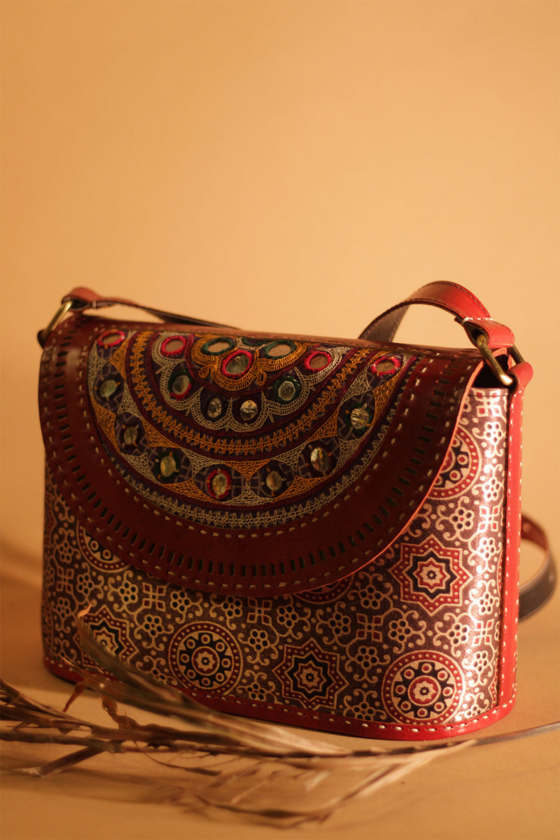 Kutchi Leather Bag | Sling Bag | Brown Ajrakh Silk with Mirrorwork Embroidery