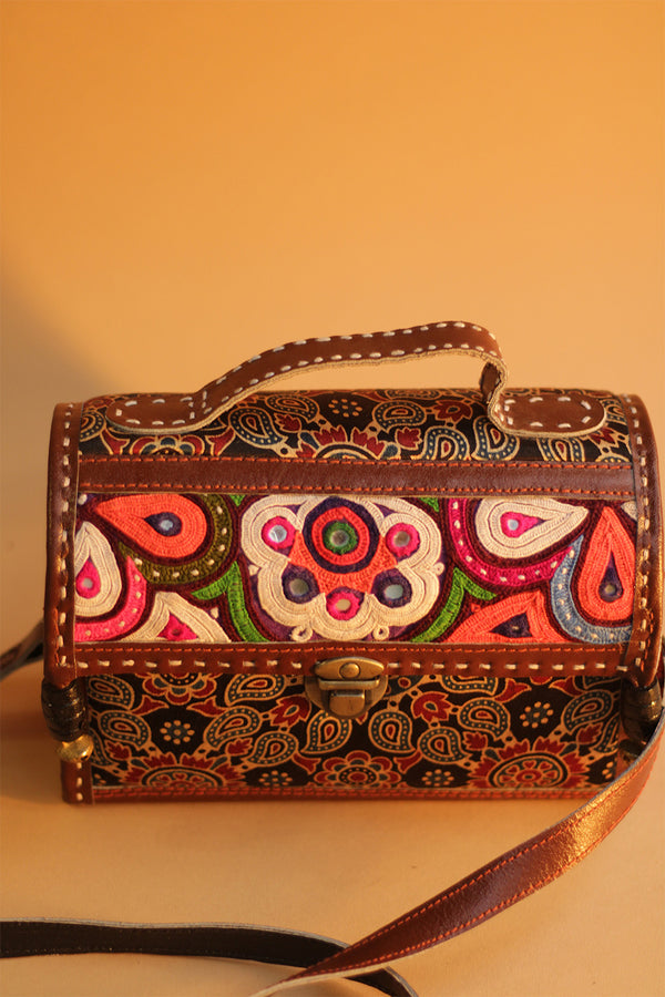 Kutchi Leather Box Bag | Mirrorwork Box Sling | Brown Ajrakh