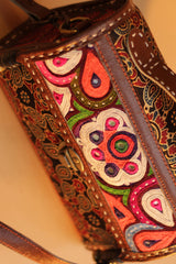 Kutchi Leather Box Bag | Mirrorwork Box Sling | Brown Ajrakh