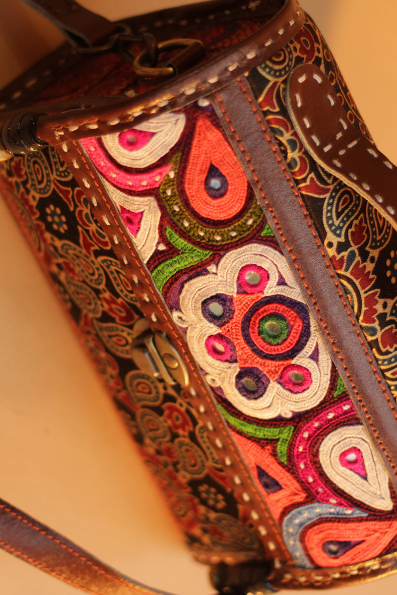 Kutchi Leather Box Bag | Mirrorwork Box Sling | Brown Ajrakh