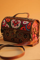 Kutchi Leather Box Bag | Mirrorwork Box Sling | Brown Ajrakh