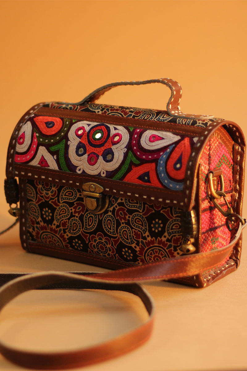Kutchi Leather Box Bag | Mirrorwork Box Sling | Brown Ajrakh