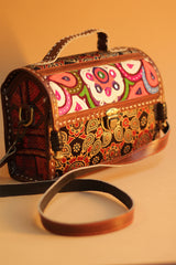 Kutchi Leather Box Bag | Mirrorwork Box Sling | Brown Ajrakh