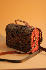 Kutchi Leather Box Bag | Mirrorwork Box Sling | Brown Ajrakh
