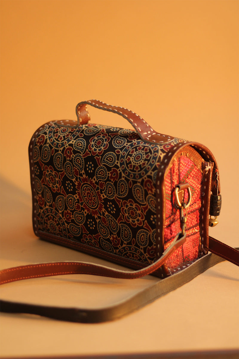 Kutchi Leather Box Bag | Mirrorwork Box Sling | Brown Ajrakh
