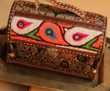 Kutchi Leather Box Bag | Mirrorwork Box Sling| Brown Ajrakh