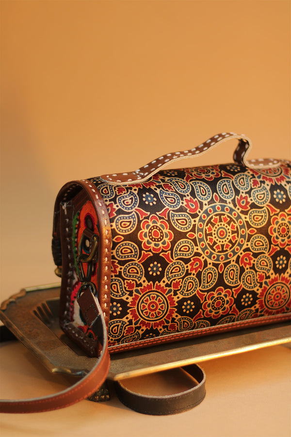 Kutchi Leather Box Bag | Mirrorwork Box Sling| Brown Ajrakh