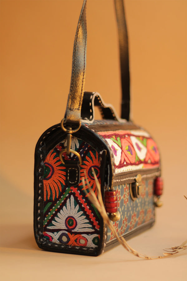 Kutchi Leather Box Bag | Mirrorwork Box Sling| Blue Ajrakh
