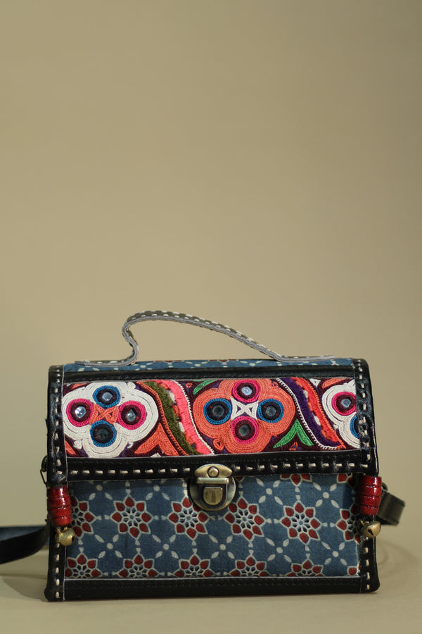 Kutchi  Leatherwork Box Bag | Mirrorwork Sling | Blue Ajrakh