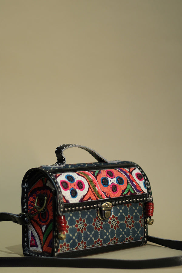 Kutchi  Leatherwork Box Bag | Mirrorwork Sling | Blue Ajrakh