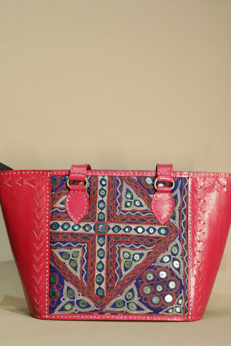 Kutch Leather Handbag | Embroidered with Ajrakh