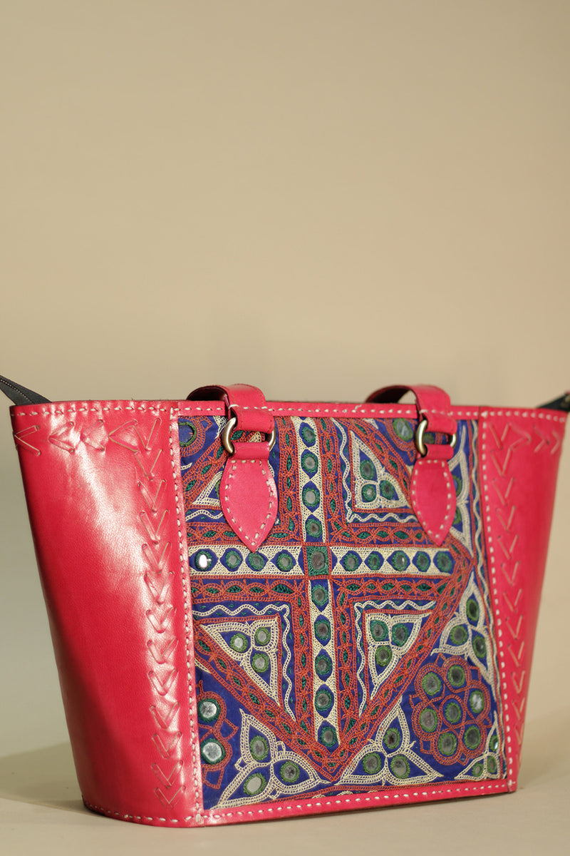 Kutch Leather Handbag | Embroidered with Ajrakh