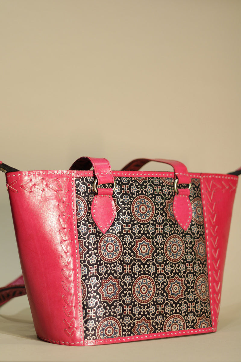 Kutch Leather Handbag | Embroidered with Ajrakh