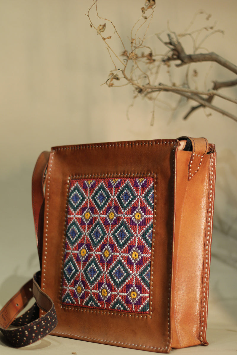 Kutchi Leather Bag | Sling | Embroidery Squares