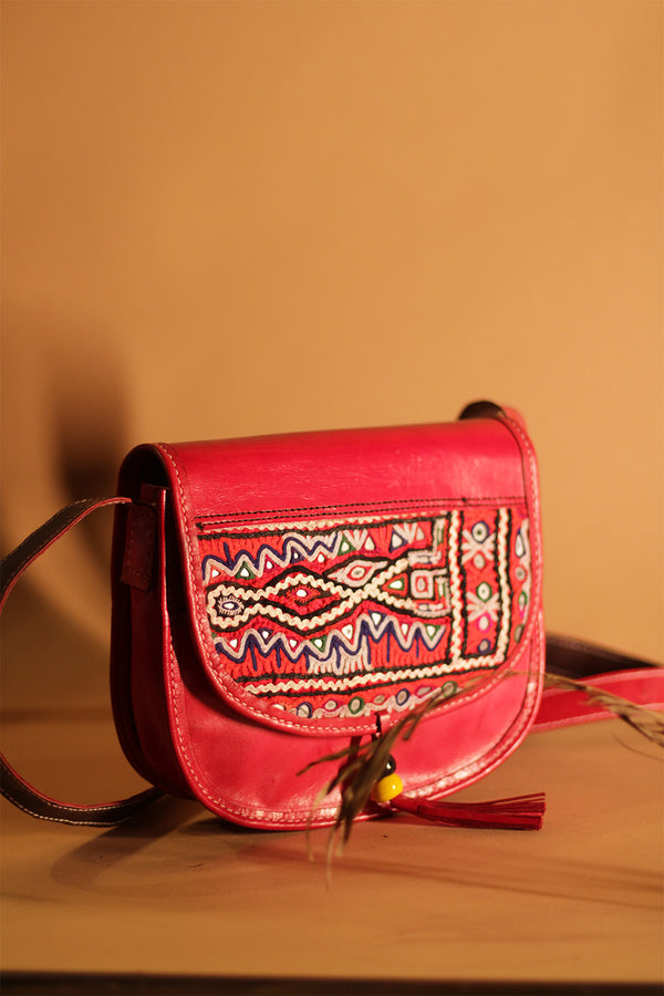 Kutchi Leather Bag | Semicricle Sling | Mirrorwork Embroidery