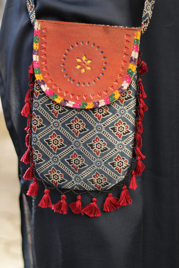 Sling Leather Bag | Ajrakh Mashru | Indigo Floral Square