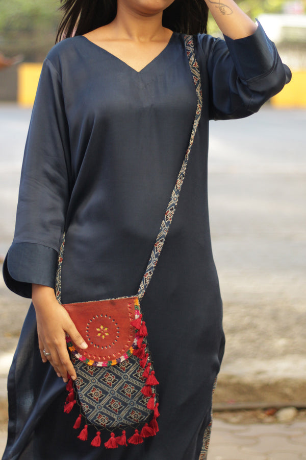 Sling Leather Bag | Ajrakh Mashru | Indigo Floral Square
