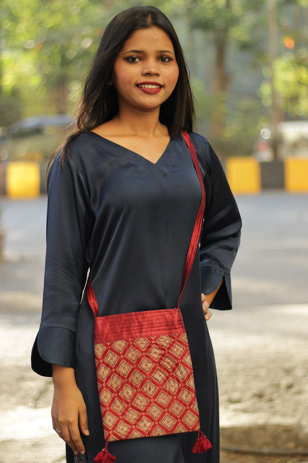 Fabric Sling Bag | Ajrakh Mashru | Madder Red Squares