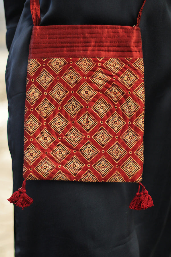 Fabric Sling Bag | Ajrakh Mashru | Madder Red Squares