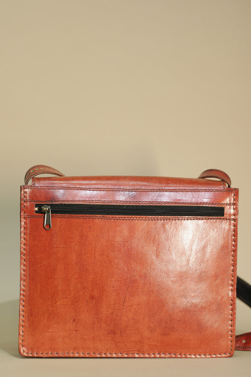 Kutchi Leather Bag | Mirrorwork Sling Bag | Tan