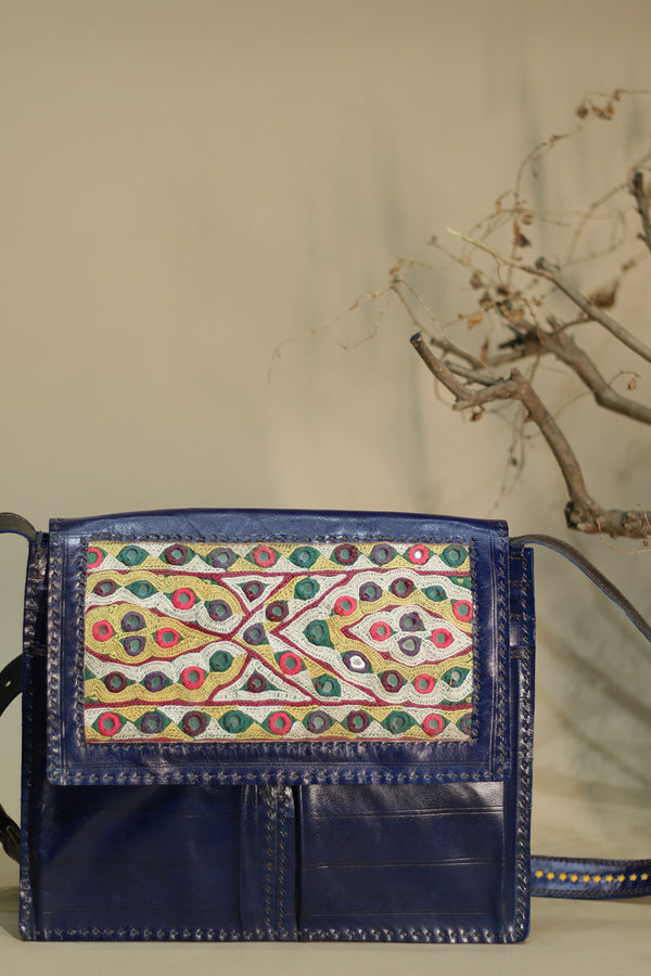 Kutchi Leather Bag | Mirrorwork Sling Bag | Blue