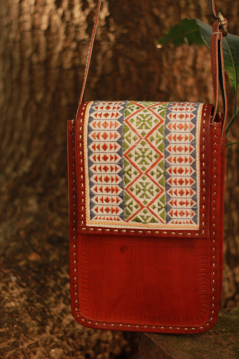 Handcrafted Kutch Leather Bag | Mirrorwork | Brown