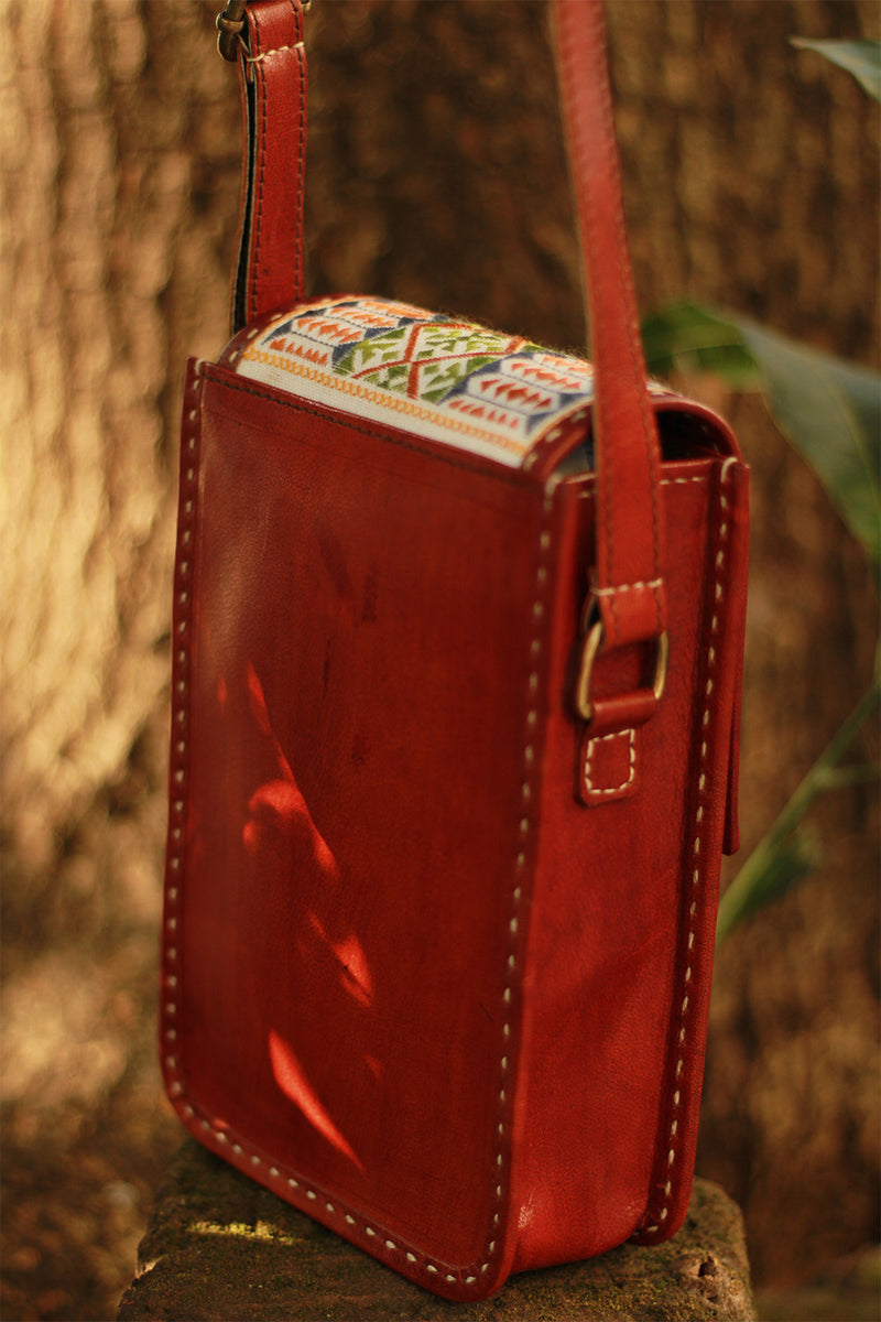 Handcrafted Kutch Leather Bag | Mirrorwork | Brown
