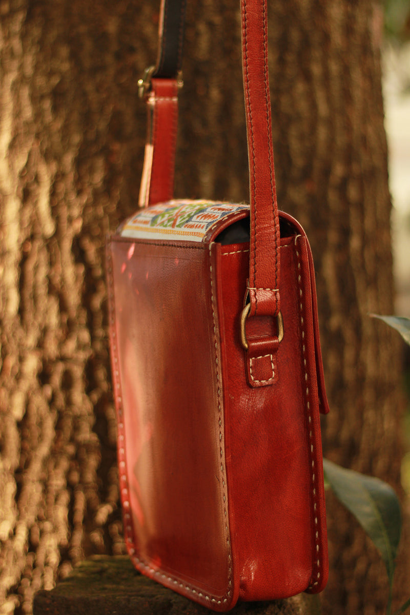 Handcrafted Kutch Leather Bag | Mirrorwork | Brown