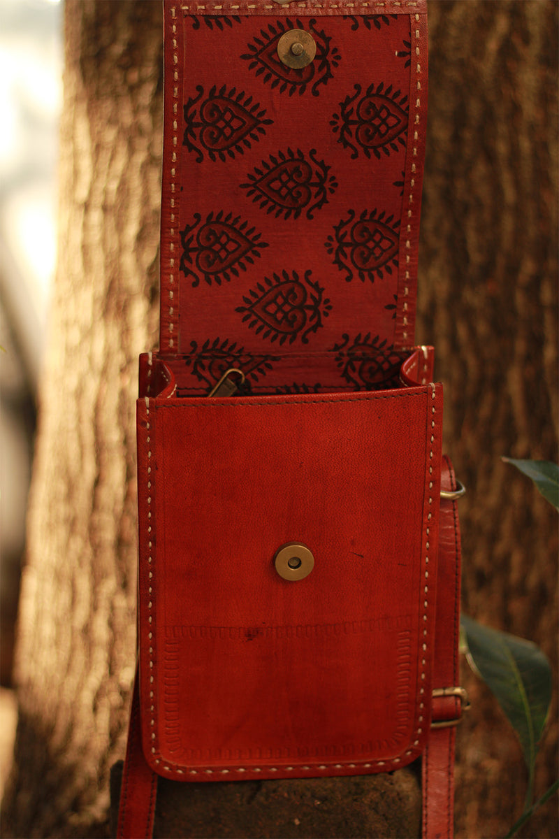 Handcrafted Kutch Leather Bag | Mirrorwork | Brown