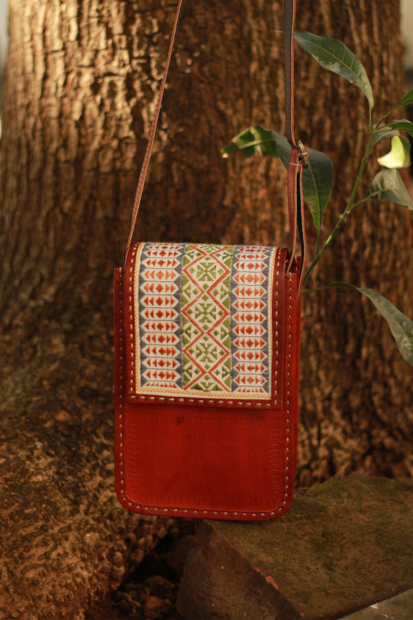 Handcrafted Kutch Leather Bag | Mirrorwork | Brown