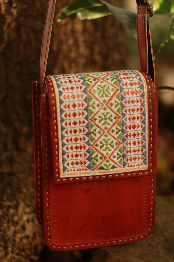 Handcrafted Kutch Leather Bag | Mirrorwork | Brown