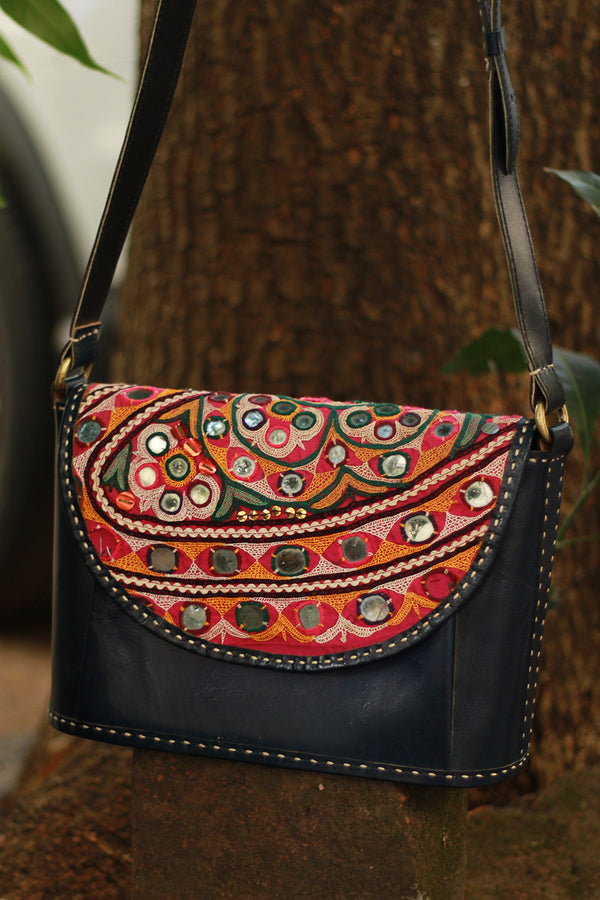 Handcrafted Kutch Leather Bag | Mirrorwork | Blue