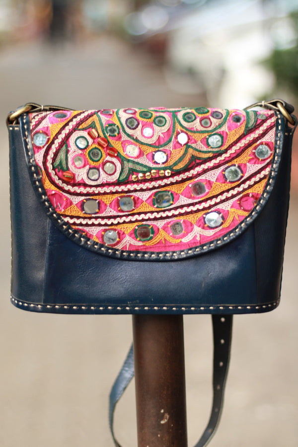 Handcrafted Kutch Leather Bag | Mirrorwork | Blue