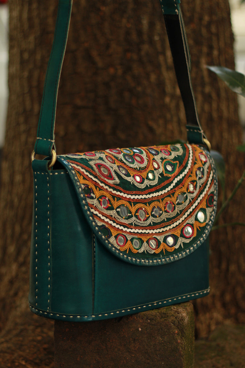 Handcrafted Kutch Leather Bag | Mirrorwork | Teal