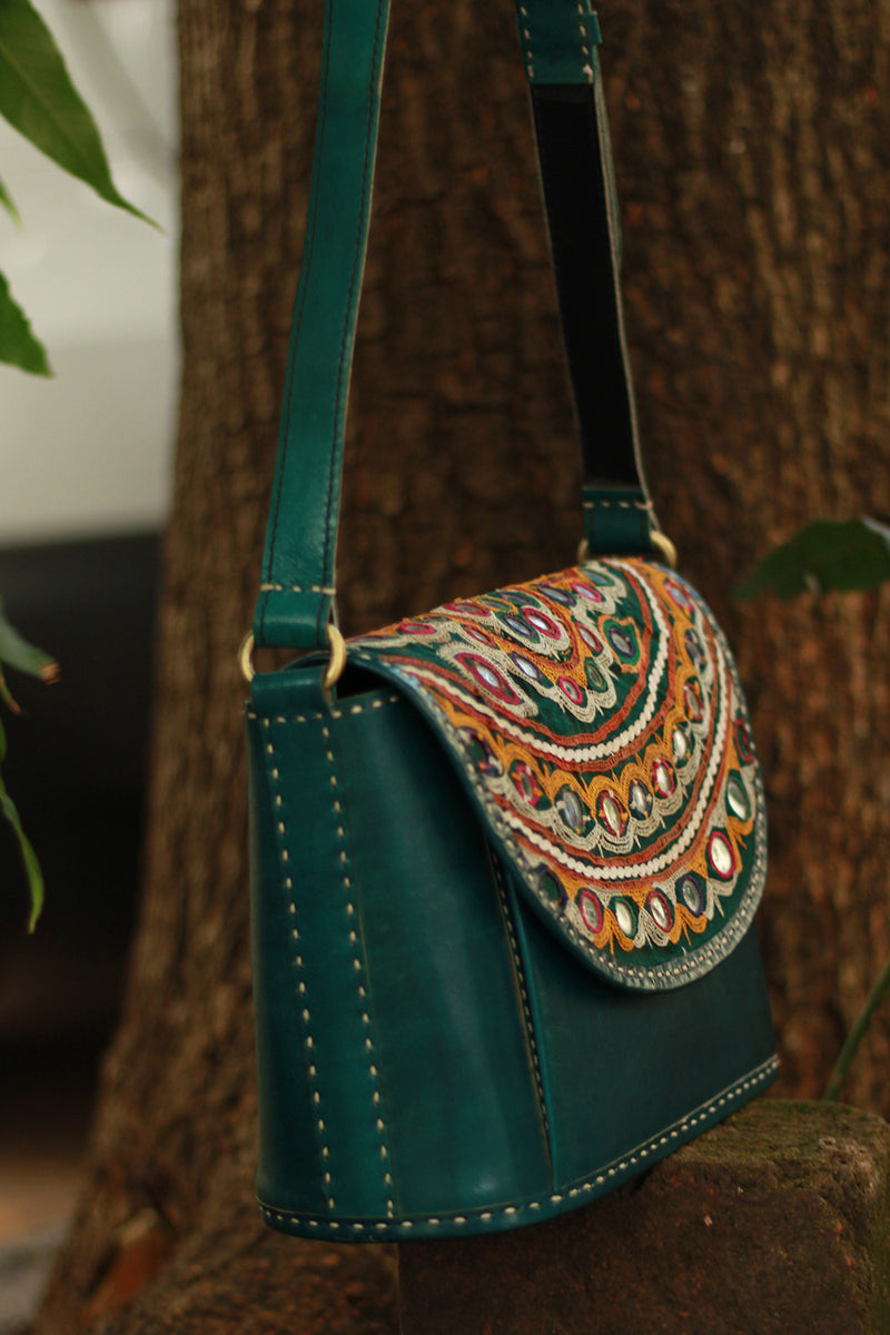 Handcrafted Kutch Leather Bag | Mirrorwork | Teal