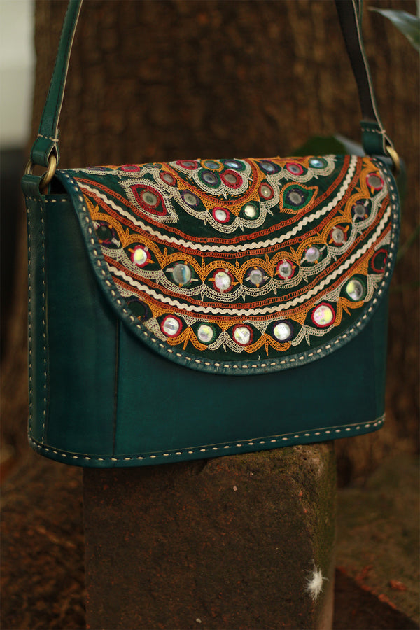 Handcrafted Kutch Leather Bag | Mirrorwork | Teal