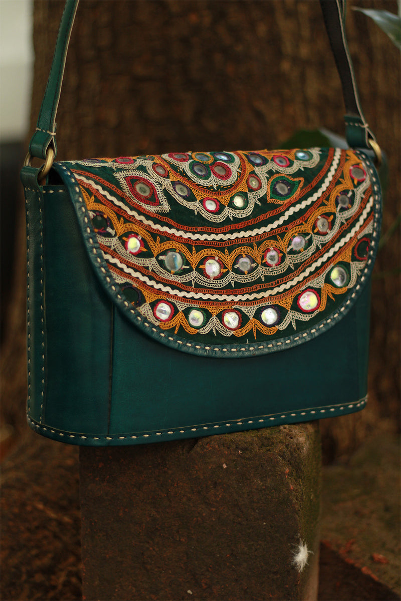 Handcrafted Kutch Leather Bag | Mirrorwork | Teal