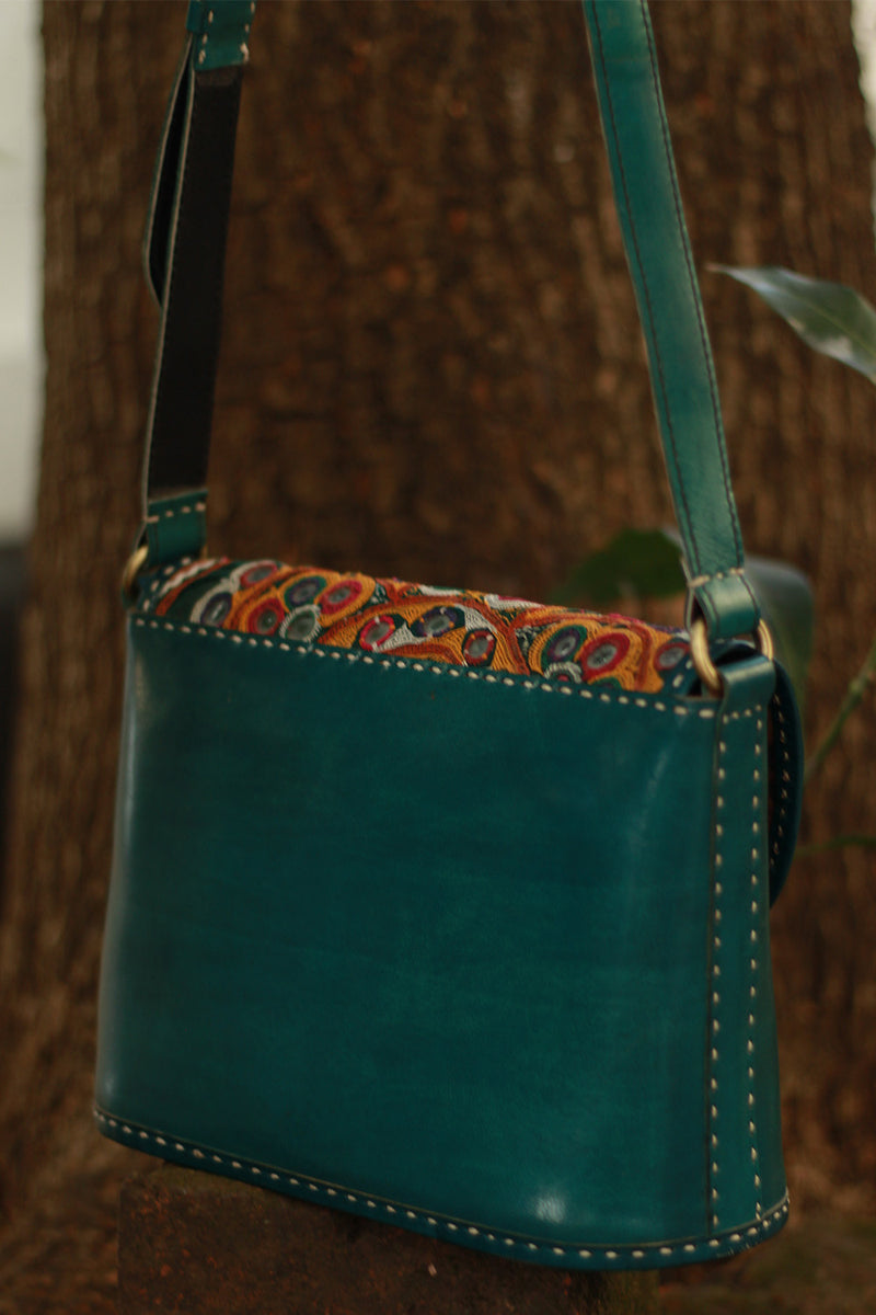Handcrafted Kutch Leather Bag | Mirrorwork | Teal
