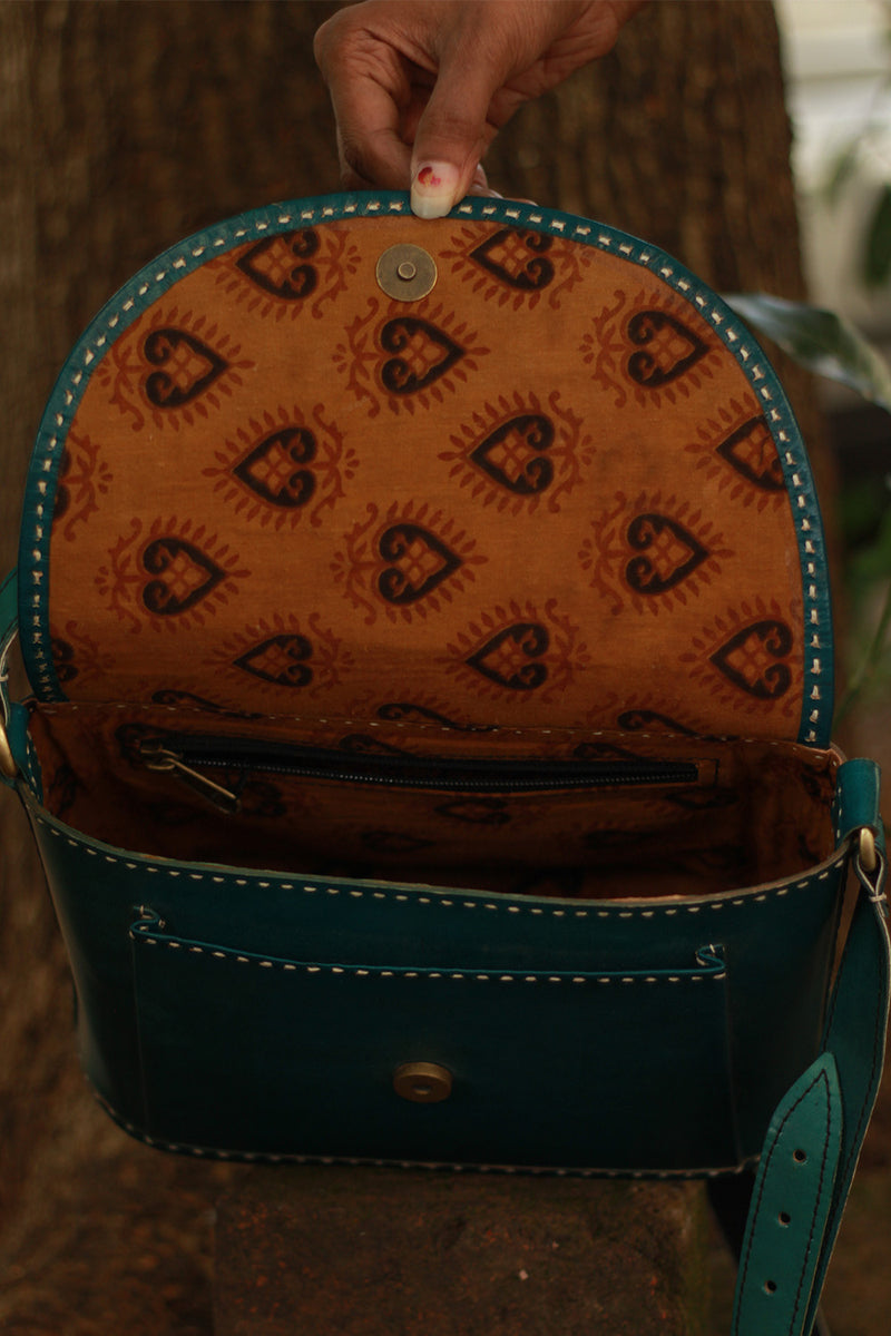 Handcrafted Kutch Leather Bag | Mirrorwork | Teal