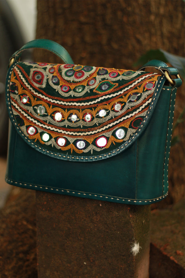 Handcrafted Kutch Leather Bag | Mirrorwork | Teal