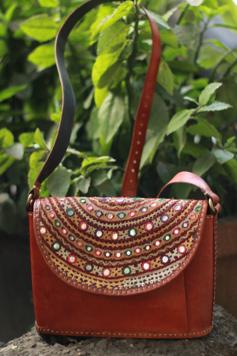 Handcrafted Kutch Leather Bag | Mirrorwork | Brown