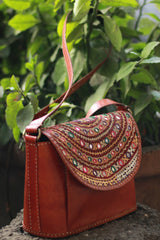 Handcrafted Kutch Leather Bag | Mirrorwork | Brown