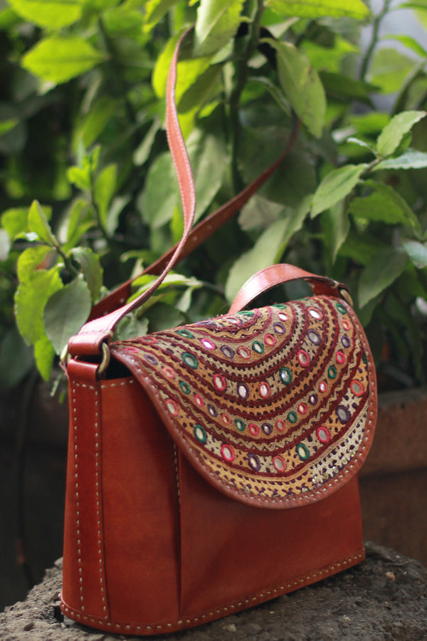 Handcrafted Kutch Leather Bag | Mirrorwork | Brown
