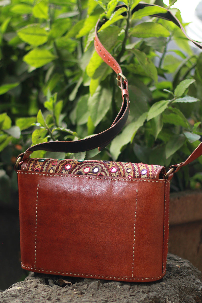 Handcrafted Kutch Leather Bag | Mirrorwork | Brown
