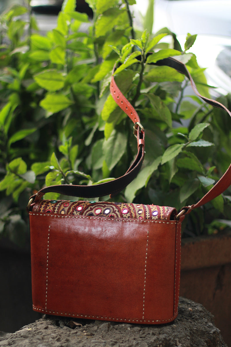 Handcrafted Kutch Leather Bag | Mirrorwork | Brown
